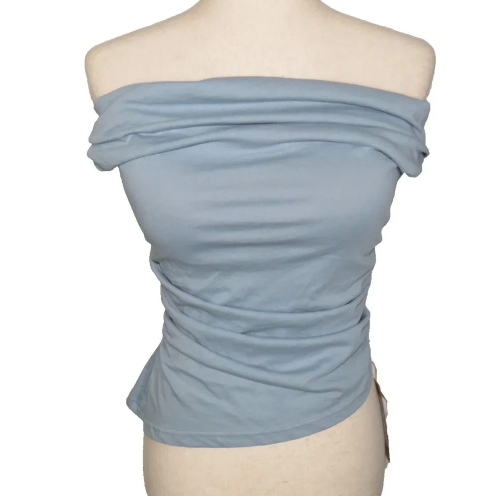 OGL Blue Linen Blend Side Ruched Off Shoulder Asymmetric Hem Brami Top Sz Large - Picture 3 of 12